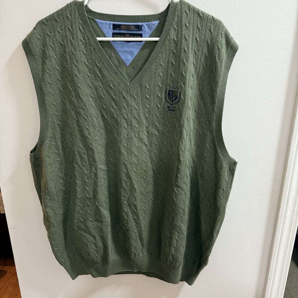 Tommy Hilfiger Golf Mens‎ XL Olive Green Cable Knit V-Neck Sweater Vest